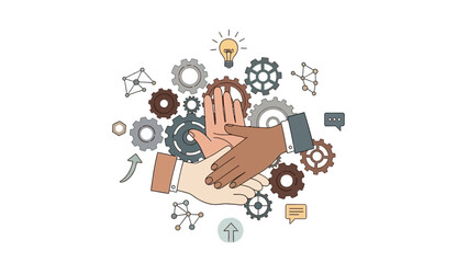 Business Collaboration and Innovation Diverse Hands, Gears, and Lightbulb Symbolize Strategic Teamwork, Problem-Solving, and Unified Success