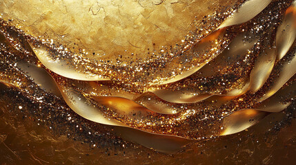 Festive gold design with curling ribbons and glitter creates luxurious and sparkling abstract background full of shimmering light and elegant texture