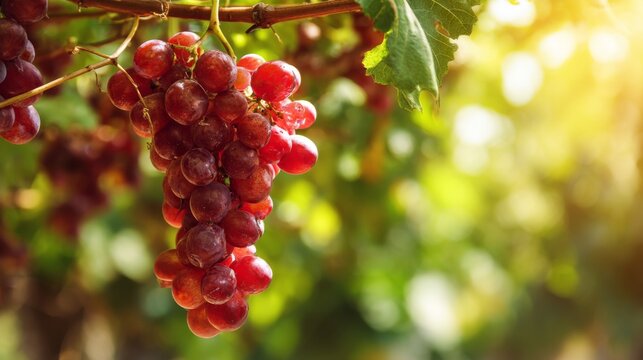 Red grapes hanging on vine in bright sunlight with fresh ripe fruit cluster in natural vineyard garden - Powered by Adobe