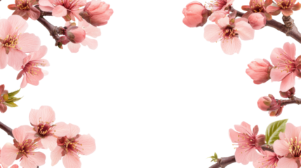 Blooming peach flowers creating elegant frame on transparent background