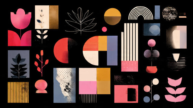 A collection of diverse abstract geometric and organic shapes in vibrant colors with varied textures on a transparent background, forming a modern design collage.