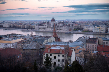 Fototapeta premium Panorama with building of Hungarian parliament at Danube river in Budapest city, Hungary
