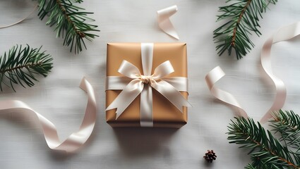 A patterned gift box with a pastel satin ribbon on a soft textured linen background. Ideal for greeting cards, ads, banners