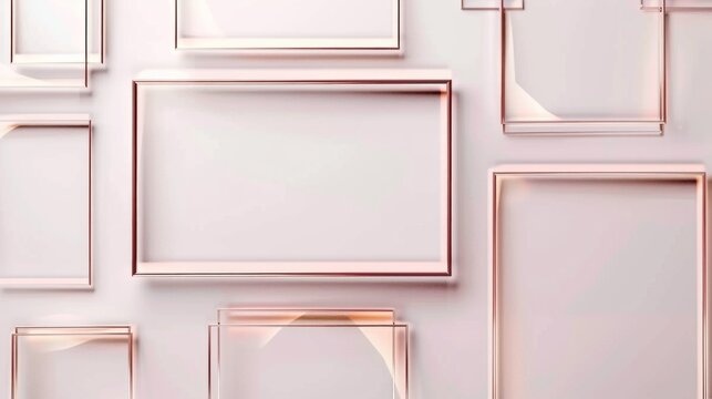 Stylish empty pink frames on a light wall create a minimalist interior, ideal as an atmospheric backdrop for contemporary gallery design projects.