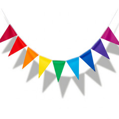 Vibrant Rainbow Bunting Flags Create a Festive Atmosphere, Perfect for Joyful Celebrations, Parties, and Decorative Events on a Bright White Background