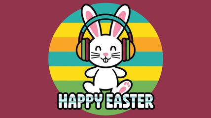 Fototapeta premium Cute cartoon white bunny wearing headphones and sitting with happy easter text