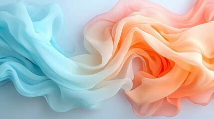 Obraz premium Abstract image of flowing fabric in shades of blue, peach, and white. The fabric has a soft, ethereal quality.
