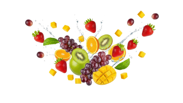 Assorted fresh fruits and water splashes flying in dynamic motion, cut out, stock png, isolated on transparent background