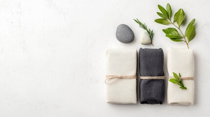 Overhead shot of folded towels, stones, and green leaves arranged on a white textured surface, creating a minimalist and natural composition.