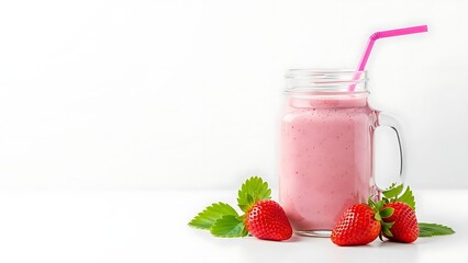 Strawberry smoothie in a glass jar with a pink straw and strawberries