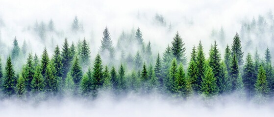 A panoramic view of a forest of evergreen trees shrouded in a thick layer of fog, creating a moody and atmospheric landscape.