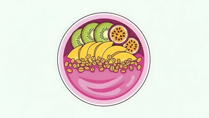 A vibrant illustration of a healthy tropical fruit smoothie bowl with fresh mango, kiwi, passionfruit, and granola for a nutritious breakfast