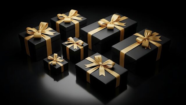 Assortment of black gift boxes with gold ribbons on a dark background