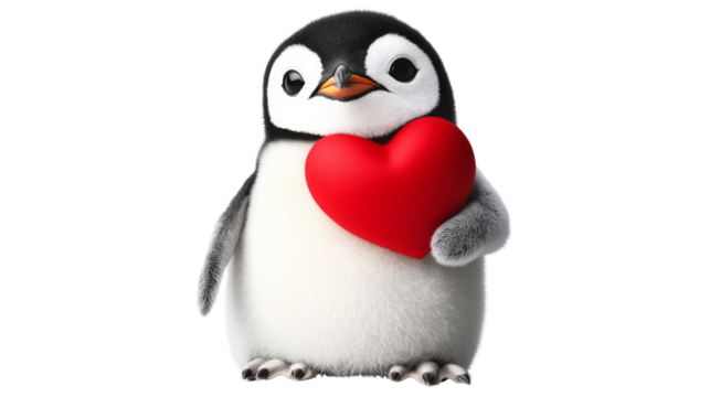 Cute baby penguin holding a red heart on transparent background