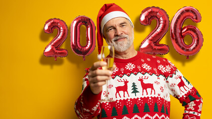 Merry mature man wear knitted christmas sweater Santa hat, hold glass with champagne look camera...