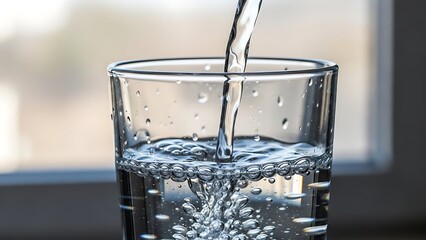 Water being poured into a clear glass with bubbles and condensation