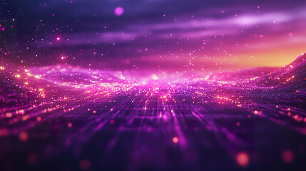 Obraz premium Futuristic purple digital landscape with glowing neon lights and sparkling particles creating vibrant and dynamic abstract background full of energy and depth