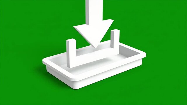 Three dimensional download arrow over tray on green background.