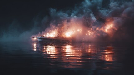 Obraz premium Burning boat on dark water with bright flames, smoke, fire, danger, night reflections and dramatic destruction creating an intense disaster scene suitable for safety awareness, storytelling concepts