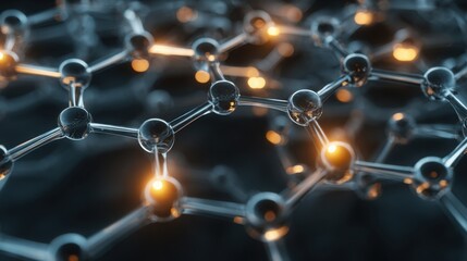 High tech molecular lattice made of glossy crystal nodes and thin metallic connectors, softly illuminated, clinical futuristic look, space centered