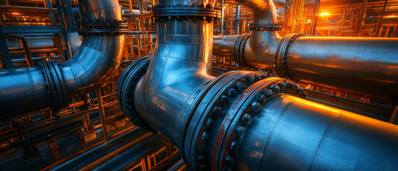 The complex system of industrial pipelines emphasises the power and technological sophistication of production, which is suitable for use as a background in presentations of engineering projects.