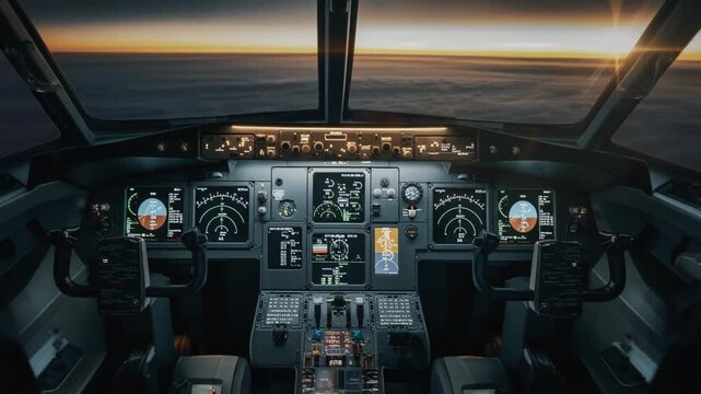 Stunning view from a modern airplane cockpit flying above clouds at sunrise. Ideal for crash simulation training
