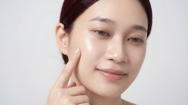 A woman with radiant, dewy skin gently touches her cheek, showcasing a healthy and hydrated complexion.