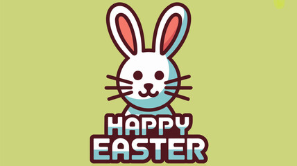 Fototapeta premium Cute cartoon bunny with happy easter text on a pastel green background festive greeting illustration