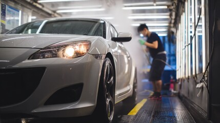 japanese car service focusing on safe engine wash, microfiber, warm soft lighting, gentle steam, clean space