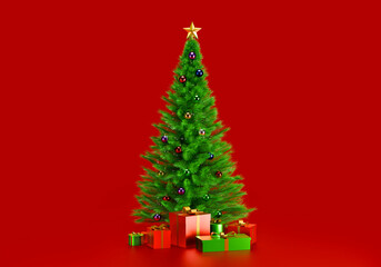 Decorated Christmas tree with presents for new year on red background