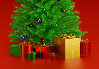 Decorated Christmas tree with presents for new year on red background