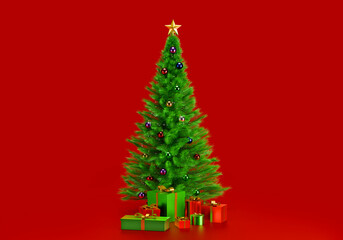Decorated Christmas tree with presents for new year on red background