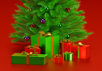 Decorated Christmas tree with presents for new year on red background