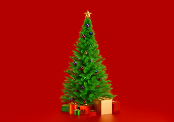 Decorated Christmas tree with presents for new year on red background