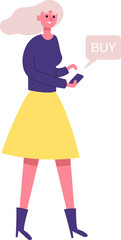 Woman buying online using smartphone with speech bubble