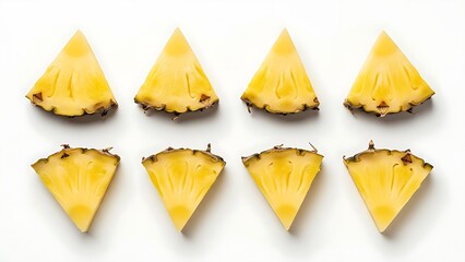 Eight pineapple slices arranged on a white surface in two rows