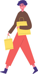 Young person walking carrying yellow shopping bags
