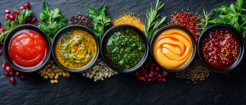 Rich dishes with sauces and spices, surrounded by fresh herbs and grains, are ideal for a culinary blog as a vibrant atmospheric backdrop.