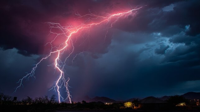 Powerful lightning, storm, night, sky, energy and electric strike hitting a tall lightning rod, showing intense weather, danger, cloud detail and natural power