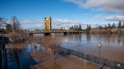 Rising water levels flowing under a bridge reaching a critical point, showing strong current, flooding risk, structural concern and a tense environmental scene highlighting danger and natural impact