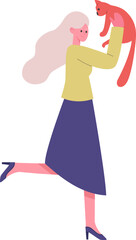 Woman holding up her cat playing together