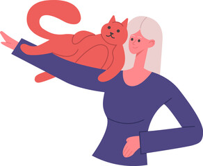 Woman holding happy red domestic cat pet