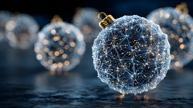 Uturistic wireframe christmas balls in low poly 3d style on blue background featuring glowing lines and digital festive decoration, perfect for modern merry christmas and new year 2026 banner design w