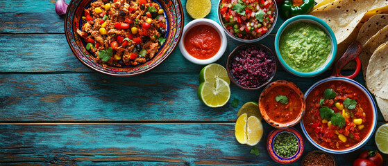 Colourful Mexican dishes on a wooden table with sauces and spices create an appetising composition, perfect for the main background of culinary blogs or restaurant menus.