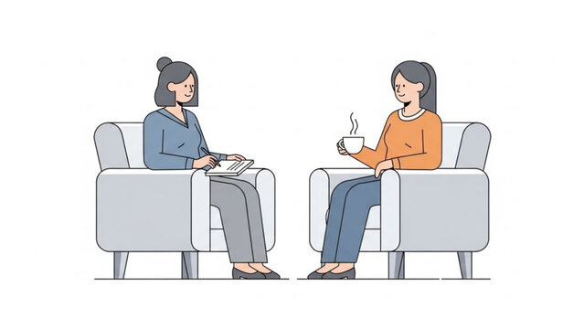 Two women sitting in armchairs facing each other one with a cup and the other with a notepad and pen