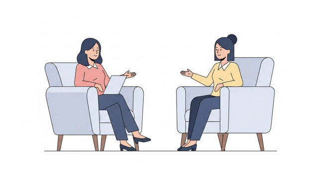 Two women sitting in armchairs facing each other in a bright room having a conversation together - Powered by Adobe