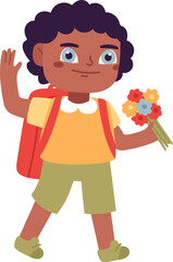 Happy student boy, backpack and flowers, waving hello