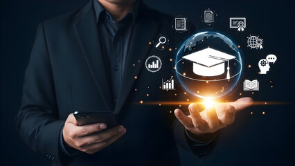 Concept of artificial intelligence in education and e-learning platforms. Digital learning technology transforming business training, online courses, and professional development.