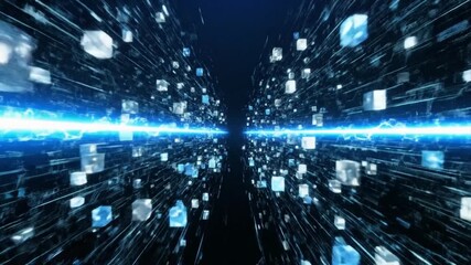 A blue light streak through a dark space filled with floating cubes and lines of light particles - Powered by Adobe