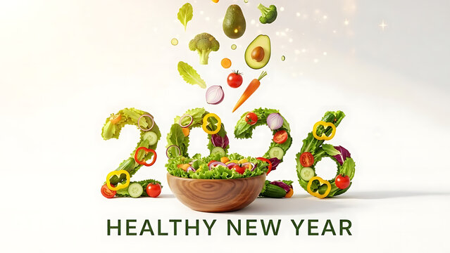 Vibrant 2026 calendar year crafted from fresh, nutritious vegetables and fruits, promoting a healthy lifestyle and dietary resolutions for the new year